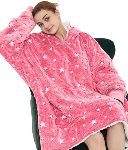 Світний дорослий худі толстовка Huggle Hoodie Stars Dream 2в1 унісекс оверсайз толстовка-плед з кишенею та капюшоном на флісі 126х180 Рожева, що світиться
