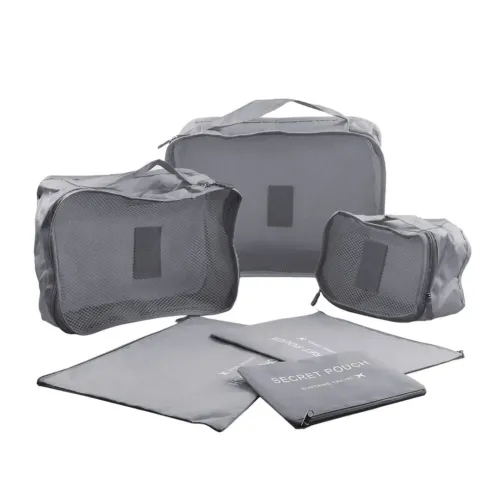 Набір дорожніх сумок органайзерів Secret Pouch 6 штук Сірі, чохли мішки для зберігання одягу у валізі, водонепроникні для подорожей laundry