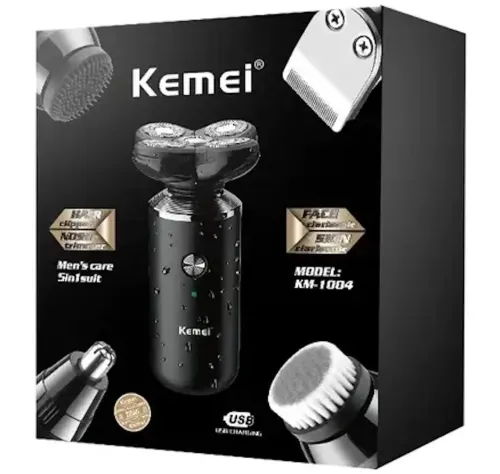 Чоловіча акумуляторна електробритва тример 5 в 1 Kemei KM-1004 для стрижки і гоління волосся, бороди, носа і вух зі змінними насадками епілятор 5W