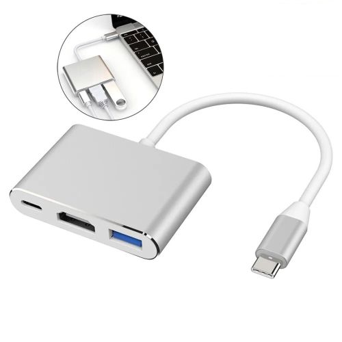 Кабель, адаптер, конвертер Buro Type-C на HDMI, USB 3.0, Type C, 3 в 1 концентратор для пристроїв з Type з портом, Перехідник hub розгалужувач білий