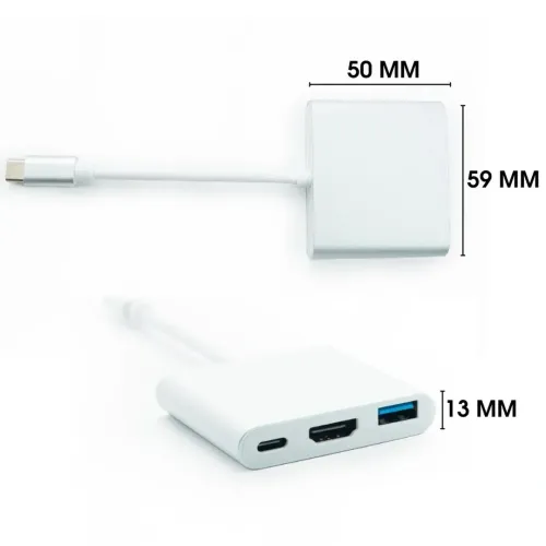 Кабель, адаптер, конвертер Buro Type-C на HDMI, USB 3.0, Type C, 3 в 1 концентратор для пристроїв з Type з портом, Перехідник hub розгалужувач білий