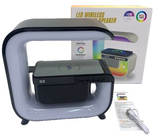 Настільна смарт лампа нічник RGB XM-G3 акумуляторний з бездротовою зарядкою 15W і Bluetooth колонкою, Блютуз колонка G3 з підсвічуванням Чорна