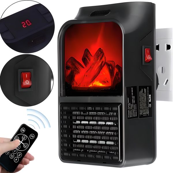 Портативний міні обігрівач з імітацією полум'я Flame Heater W-012 з LCD екраном 800W в розетку, Тепловентилятор камін з пультом 800Вт Чорний