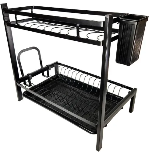 Металлическая двухъярусная сушилка органайзер Kitchen rack double deck MJ-4014 над раковиной, Стойка 2 яруса для сушки и хранения посуды с поддоном