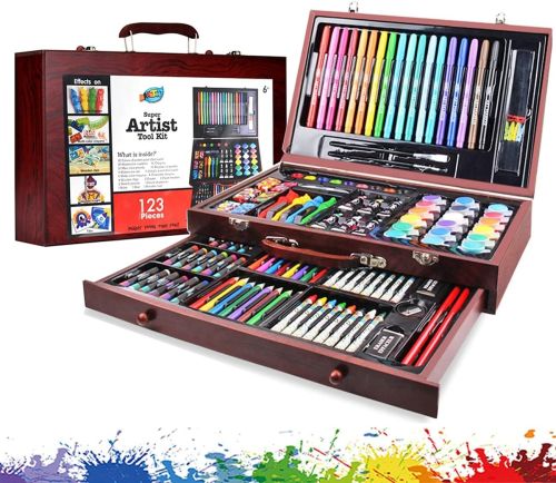 Дитячий набір для малювання і творчості Super Artist Tool Kit 123 предмета в дерев'яному валізі Художній комплект олівців і фарб в кейсі