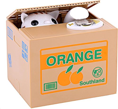 Дитяча інтерактивна скарбничка хитрий котик Mischief Saving Box на батарейках Скарбничка-сейф для грошей кіт злодюжка в коробці забирає монетку лапою