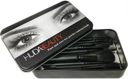 Набір кистей для макіяжу Huda Beauty 12 штук, Кисті для професійного макіяжу очей, губ і обличчя, пензлики в металевій коробці