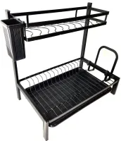 Металлическая двухъярусная сушилка органайзер Kitchen rack double deck MJ-4014 над раковиной, Стойка 2 яруса для сушки и хранения посуды с поддоном