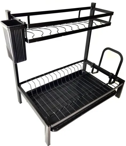Металлическая двухъярусная сушилка органайзер Kitchen rack double deck MJ-4014 над раковиной, Стойка 2 яруса для сушки и хранения посуды с поддоном