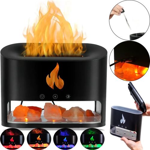 Настільний зволожувач повітря нічник з соляними каменями Docsal Flame Aroma Diffuser CAO з LED підсвічуванням 5W, соляна лампа аромадифузор Чорний