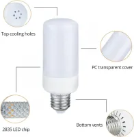 Світлодіодна декоративна лампочка LED Flame Light E27 9W з RGB ефектом полум'я у формі кукурудзи в патрон кольорова лампа 2200K з імітацією вогню