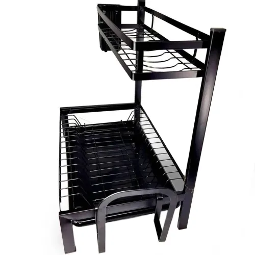 Металлическая двухъярусная сушилка органайзер Kitchen rack double deck MJ-4014 над раковиной, Стойка 2 яруса для сушки и хранения посуды с поддоном