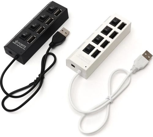 USB хаб Memos на 4 порти з перемикачами Black, живлення від USB 2.0 розгалужувач з кнопками on off концентратор перехідник HUB 480 Мбіт 5В Чорний
