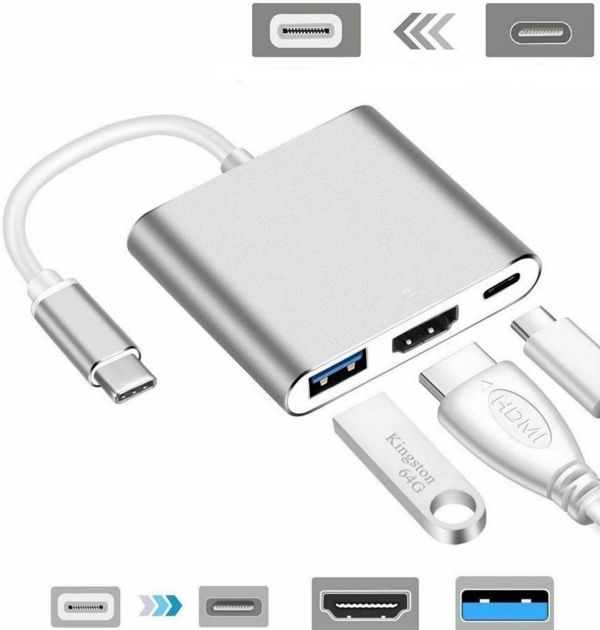 Кабель, адаптер, конвертер Buro Type-C на HDMI, USB 3.0, Type C, 3 в 1 концентратор для пристроїв з Type з портом, Перехідник hub розгалужувач білий