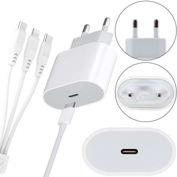 Універсальний зарядний пристрій 20W USB-З to TC/Mi/iP Cable Power Adapter + потрійний кабель 3 в 1, зарядний блок живлення 20 Вт для телефону