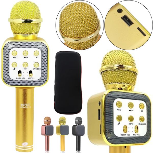 Бездротовий мікрофон караоке Wster WS-1818 Bluetooth USB AUX FM з вбудованою колонкою і функцією зміни голосу на акумуляторі в чохлі Золотий