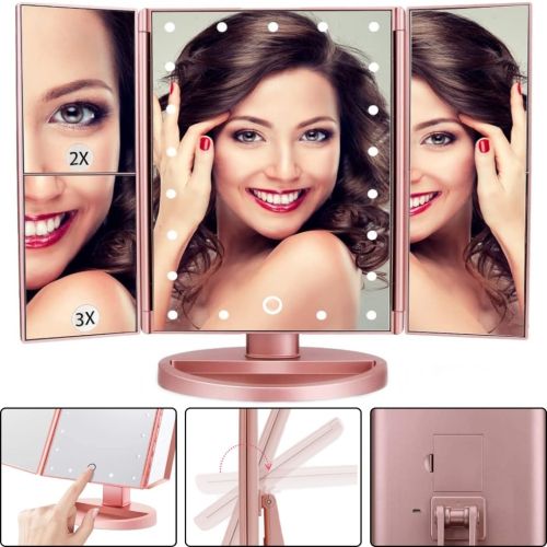 Косметичне потрійне дзеркало з сенсорною кнопкою Superstar Magnifying Mirror JN-817 3 в 1 зі збільшенням, складне дзеркало з LED підсвічуванням Рожеве