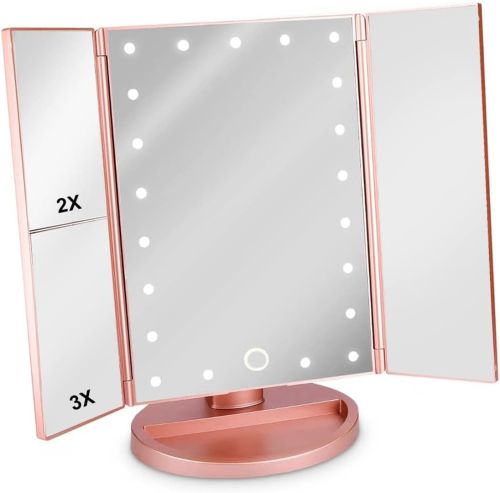 Косметичне потрійне дзеркало з сенсорною кнопкою Superstar Magnifying Mirror JN-817 3 в 1 зі збільшенням, складне дзеркало з LED підсвічуванням Рожеве