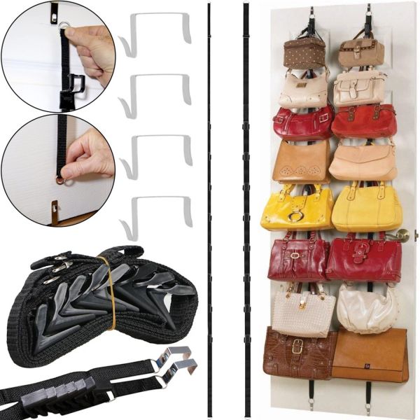 Настінний органайзер для зберігання сумок Bag Rack підвісні ремені з гачками на двері, Вішалка тримач для аксесуарів і біжутерії на 16 гачків
