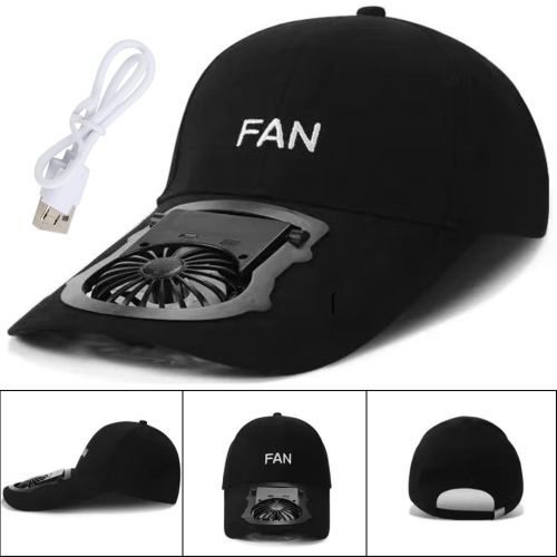 Бейсбольная кепка с вентилятором Fan RS-75 Черная, солнцезащитная, охлаждающая USB  бейсболка с обдувом, аккумулятором на солнечной батарее, летняя