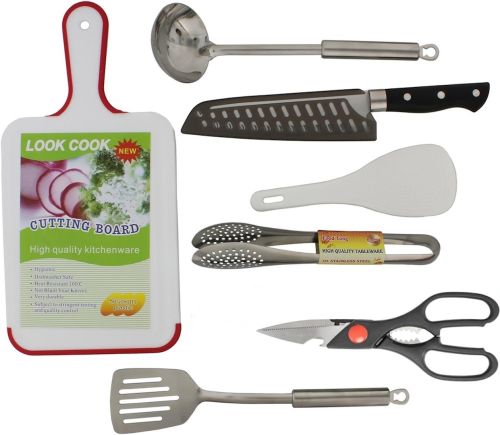 Набір туристичного посуду Kitchen Utensil BBQ комплект столових приладів на 7 предметів ножиці ложка дошка щипці різак для кемпінгу в сумці чохлі