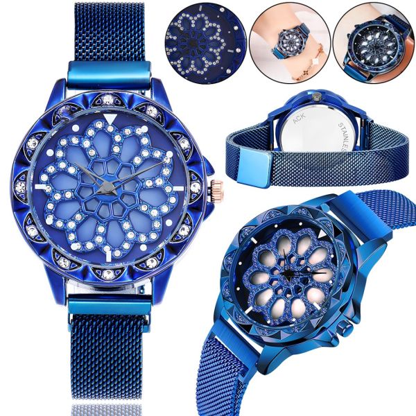 Жіночий наручний годинник Flower Diamond Rotation Watch Blue WJ-8052 з обертовим круглим роторним циферблатом і ремінцем на магнітній застібці Сині