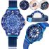 Женские наручные часы Flower Diamond Rotation Watch Blue WJ-8052 с вращающимся круглым роторным циферблатом и ремешком на магнитной застежке Синие