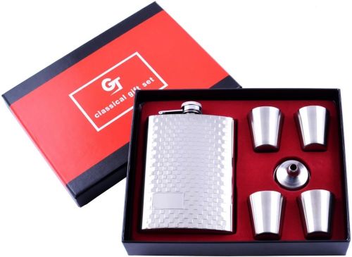 Подарунковий чоловічий набір фляжка зі стопками Silver GAP GT-21-1 6 в 1 комплект фляга для алкоголю 240 мл, лійка і 4 чарки 30 мл з нержавіючої сталі