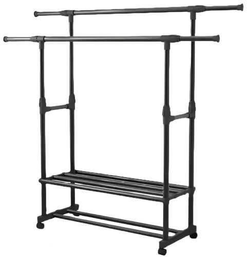Подвійна телескопічна стійка Double Rack для зберігання одягу та взуття на коліщатках Підлогова пересувна вішалка 155х42х76см до 40кг Чорна
