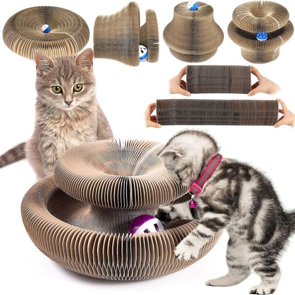 Когтеточка лежанка для кішок Cat Scratching Board 2 в 1 підлогова складна іграшка з м'ячиком для гри з гофрокартону, розкладний чарівний орган