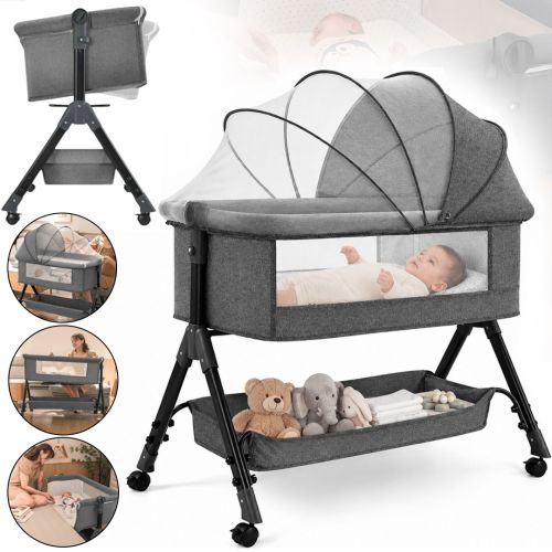 Дитяче приставне ліжечко-колиска Baby Crib D929 з москітною сіткою, кошиком для зберігання та регулюванням висоти для новонароджених X-637