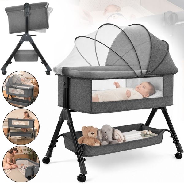 Дитяче приставне ліжечко-колиска Baby Crib D929 з москітною сіткою, кошиком для зберігання та регулюванням висоти для новонароджених X-637