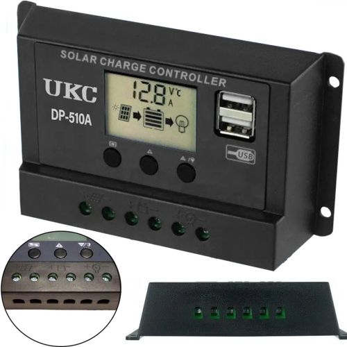 Сонячний контролер заряду АКБ UKC DP-510A 10A, 12-24В з LCD дисплеєм, контролер екран, 2хUSB для контролю заряду батарей в сонячних панелях Чорний