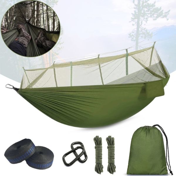 Підвісний туристичний нейлоновий гамак Hammock With Net Army до 200 кг з москітною сіткою для кемпінгу похідний гамак 263х135 Хакі Олива, Оливковий