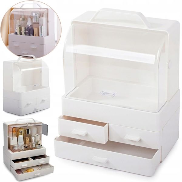 Настільний органайзер для зберігання косметики Cosmetic Storage Box GW-880 косметична поличка 4 секції з висувними ящиками і ручкою Біла
