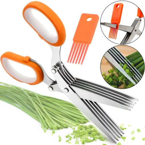 Кухонні ножиці для зелені Salad Scissors H-169 п'ятишаровий подрібнювач для нарізки і шинкування салату 5 мультілезвий з щіточкою для чищення 22 см