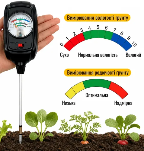 Аналізатор ґрунту для вимірювання вологості Soil Tester S-9 3 в 1 тестер вимірювач для контролю pH і родючості для саду, городу та кімнатних рослин