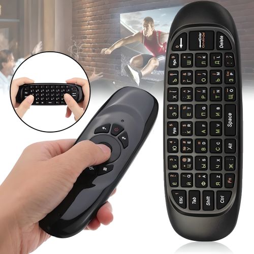 Беспроводная аэромышь C120 RuS с клавиатурой Air mouse с гироскопом, Универсальный USB пульт русская раскладка мини клавиатура на батарейках Черная