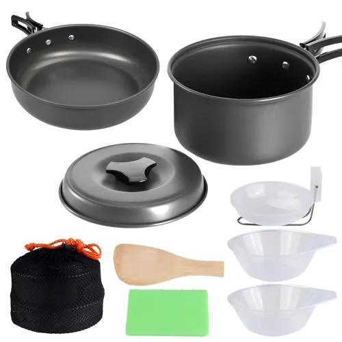 Туристичний кухонний набір посуду Cooking Set SY-200 «2 в 1»: комплект, що складається зі сковорідки, каструлі та кухонного приладдя, у чохлі для кемпінгу DS-200