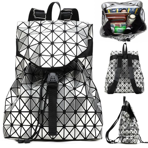 Спортивний жіночий геометричний рюкзак, Bao Bao Geometric Issey Miyake Silver Style, Маленький модний сріблястий портфель Бао Бао з екошкіри