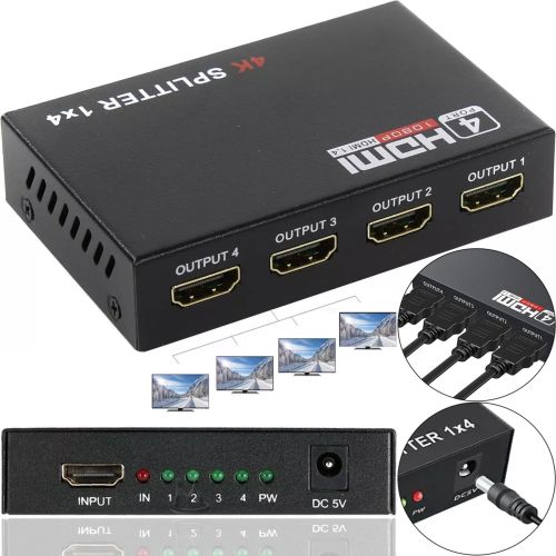 Активний HDMI розгалужувач відеосигналу Splitter 1x4 OEM на 4 HDMI порти з підтримкою 4K 2K, Чотириспрямований спліттер комутатор Чорний