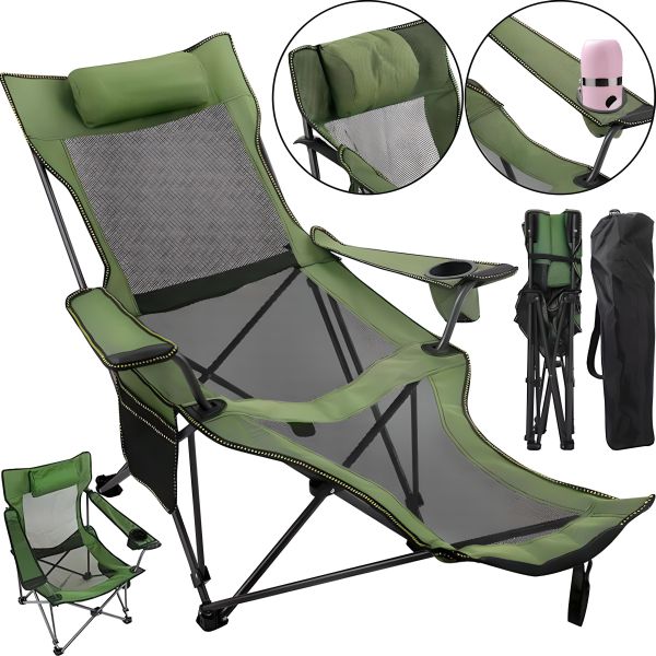 Розкладне крісло шезлонг Lesko SW233 Green До 150 кг з підсклянником для кемпінгу 170x62 см, складаний лежак розкладачка для дачі в чохлі Зелений