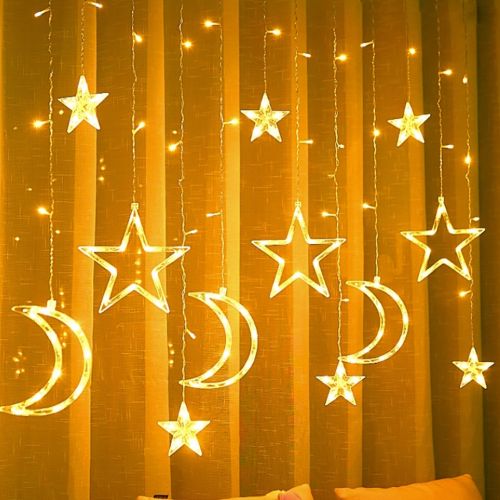 Внутрішня гірлянда штора Місяць Зірки Star Moon Style теплий білий 2.5х1 м 138 LED діодів WW, Світлодіодна гірлянда-Завіса на вікно 2. 5мх1м 220V