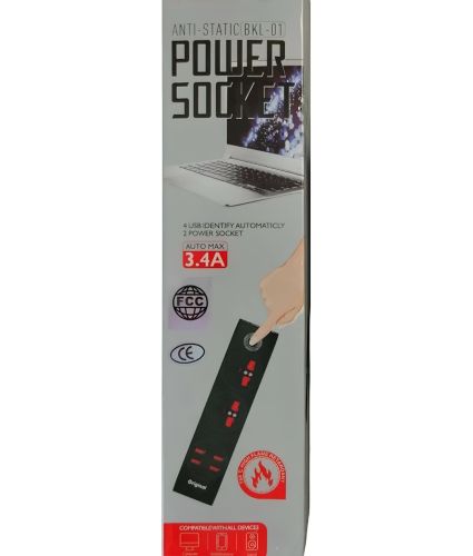 Сетевой удлинитель Power Socket BKL-01 2500W 3.4А на 2 розетки 4 USB 2 м фильтр переноска с выключателем для подключения приборов к сети Черный
