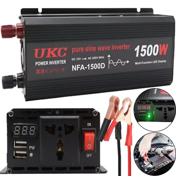 Автомобільний перетворювач інвертор UKC NFA-1500D 12V-220V з чистою синусоїдою 1500W, Автоперетворювач напруги струму AC/DC від акумулятора