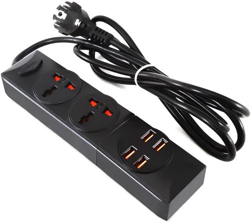 Сетевой удлинитель Power Socket BKL-01 2500W 3.4А на 2 розетки 4 USB 2 м фильтр переноска с выключателем для подключения приборов к сети Черный