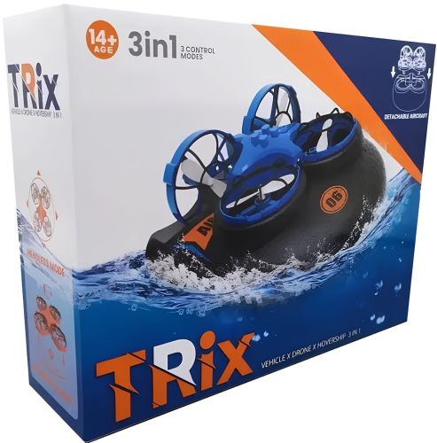 Катер дрон на радиоуправлении Trix K2 3в1 Синий аккумуляторный квадрокоптер, детская летающая машинка на пульте управления от 8 лет USB JJRC A150