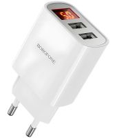 Мережевий зарядний пристрій Borofone BA58A Mighty 2 USB 2.4A 12W адаптер живлення на 2 порти з LED дисплеєм, блок для зарядки телефону 12В Білий