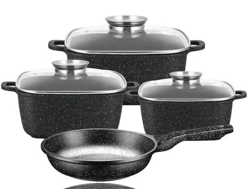 Кухонний набір посуду Bellmax Cookware Set BM - 132 3 казана і сковорода для приготування їжі , каструлі з кришками і гранітним покриттям 9 предметів