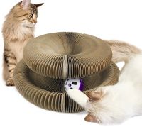 Когтеточка лежанка для кішок Cat Scratching Board 2 в 1 підлогова складна іграшка з м'ячиком для гри з гофрокартону, розкладний чарівний орган